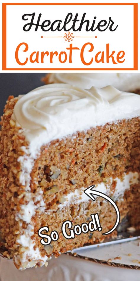 Two layer carrot cake with white frosting. With Pinterest overlay. Whole Wheat Cake Healthy, Unsweetened Cake Recipes, Carrot Cake Recipe Whole Wheat Flour, Healthier Carrot Cake Recipe, Sugar Free Carrot Cake Recipe, Whole Wheat Cake Recipe, Healthier Carrot Cake, Healthy Carrot Cake Recipe, Whole Wheat Carrot Cake