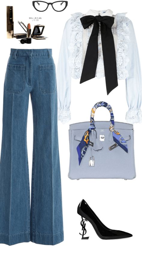 Blue Birkin Bag Outfit, Birkin Outfit Casual, Birkin Bag Outfit, Blue Bag Outfit, Blue Birkin, Ysl Pumps, Sienna Miller Style, Hermes Birkin Bag, Ysl Handbags