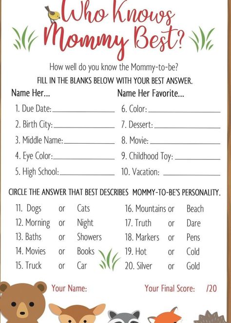 This woodland baby shower themed game will help you find out Who Knows Mommy Best at the baby shower. #woodlan… | Who knows mommy best, Baby shower, Baby boy shower Baby Shower Girl Ideas, Safari Baby Shower Girl, Baby Shower Game Cards, Who Knows Mommy Best, Free Baby Shower, Baby Shower Woodland Theme, Safari Baby Shower, Baby Shower Fun, Safari Baby