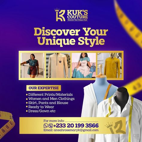 Flyer Design For Kuk’s Couture #brand #fashion Fashion Design Flyer Designs, Fashion Design Flyer, Fashion Flyer Design, Instagram Flyer, Printed Materials, Flyer Template, Flyer Design, Fashion Designer, Gowns Dresses