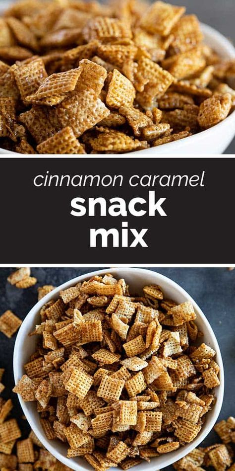 Sweet with a hint of cinnamon - this Cinnamon Caramel Snack Mix is easy to make and great for snacking! Perfect for movie night, lunch snacks, or just when you feel like a sweet snack. Cinnamon Life Cereal Treats, Cinnamon Life Cereal Recipes, Cereal Recipes Snacks, Caramel Apple Snacks, Caramel Snack Mix, Cinnamon Chex Mix, Special Deserts, Life Cereal, Baked Caramel