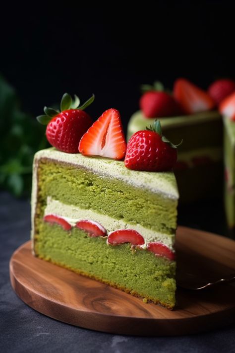 Matcha And Strawberry Cake, Matcha Green Tea Cake, Green Baked Goods, Matcha Wedding Cake, Strawberry Matcha Dessert, Matcha Deserts, Matcha Birthday Cake, Matcha Strawberry Cake, Matcha Cake Recipe