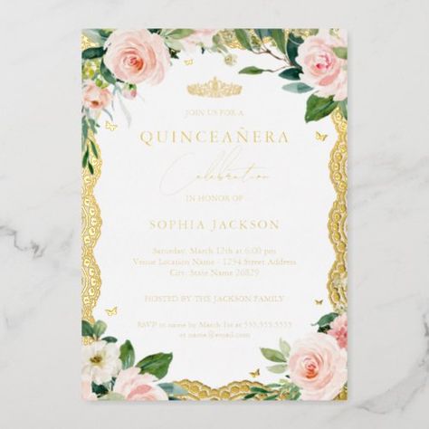 $ 3.95 | Elegant Gold Lace Blush Pink Floral Quinceanera - quinceanera, 15th, 15th birthday, tiara, photo, photo quinceanera, flowers, lace, pink, gold quinceanera Quinceanera Flowers, Quinceañera Invitations, Black And Gold Invitations, Invitations Quinceanera, Invitation Frames, Birthday Tiara, Invitation Flyer, Invitation Background, Butterfly Theme