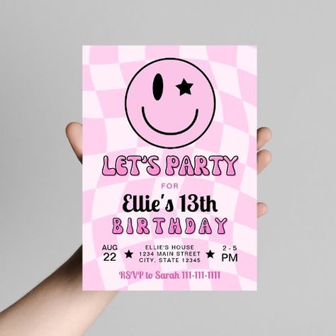 $2.09 | Retro Pink Happy Face Smile Birthday Invitation - retro, pink, birthday invitation, happy face, smile, y2k, checkered, trendy, preppy, girl Happy Face Birthday, Y2k Font, Y2k Fonts, Smile Birthday, Fonts Canva, Checkered Background, Face Smile, Pink Checkered, Retro Font