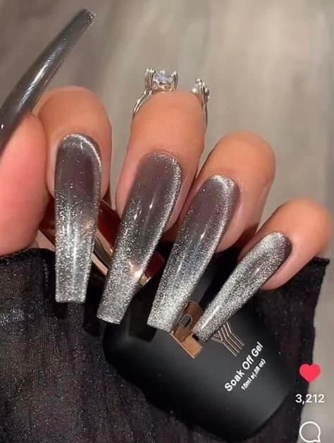 Grey Holographic Nails, Black Shiny Nails, Nail Extensions Acrylic, Eye Nail Art, Cow Nails, Black Acrylic Nails, Beauty Nails Design, Drip Nails, Grunge Nails