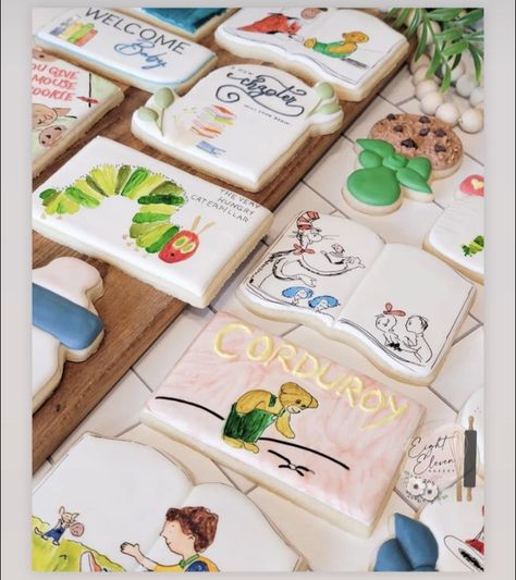 Royal Icing Book Cookies, Childrens Books Baby Shower, Book Cookies, Triplet Baby Shower, Book Birthday Parties, Storybook Theme, Book Shower, Simple Cakes, Book Themed Party