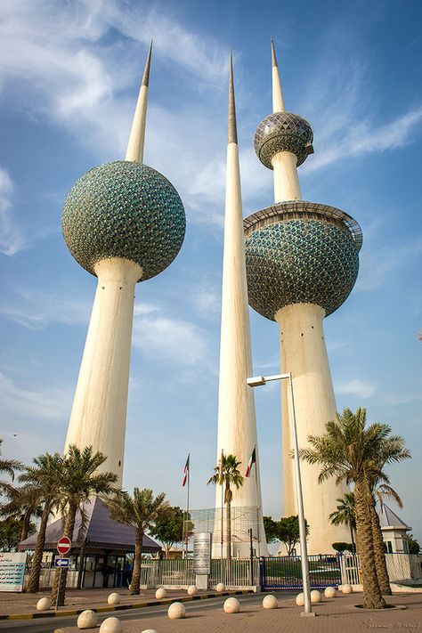 The Kuwait Towers Kuwait Wallpaper, Kuwait Travel, Weird Buildings, Kuwait Towers, Kuwait National Day, Philadelphia City Hall, Dancing House, Family Vacation Spots, Water Towers