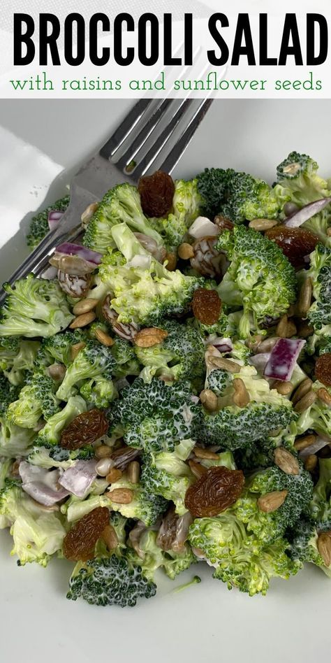 This is the Best Easy Broccoli Raisin Salad Recipe ever! It's so simple to make and you only need 8 ingredients. Perfect for get-togethers and parties. #broccoli #broccolisalad #salad #easy #best #simple #raisins #sunflowers #breagettingfit Broccoli Raisin Salad, Sauce For Broccoli, Broccoli Salad With Raisins, Raisin Salad, Easy Broccoli Salad, Creamy Salad, Healthy Broccoli Salad, Bacon Broccoli, Easy Broccoli