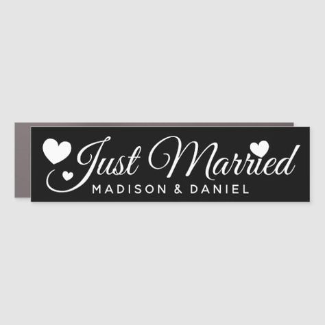 Just Married Black Personalized Newlywed Wedding Car Magnet Just Married Sign, Honeymoon Gifts, Car Signs, Car Magnets, White Elephant Gifts, Elephant Gifts, Just Married, Custom Holiday Card, Bride And Groom