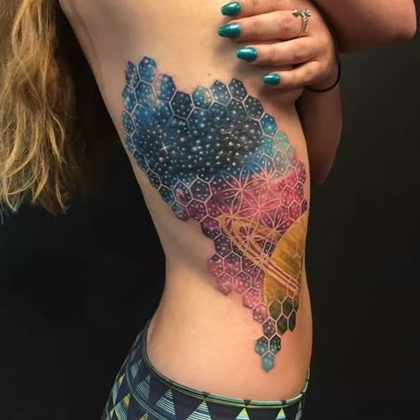 85 Space and Galaxy Tattoo Designs and Ideas - Tattoos that are from Outer Space - Tattoo Me Now Girl Side Tattoos, Outer Space Tattoos, Cage Tattoos, Back Of Arm Tattoo, Ribcage Tattoo, Galaxy Tattoo, 4 Tattoo, Disney Tattoo, Hand Tattoos For Women