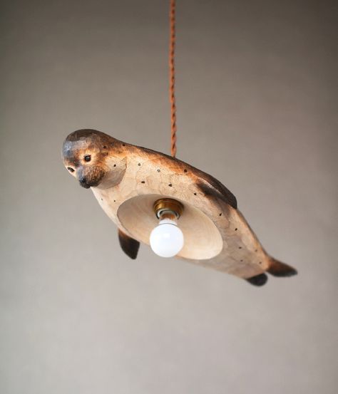 Spotted Seal, Canadian Decor, Wooden Pendant Lamp, Fish Lamp, Animal Lamp, Flying Squirrel, Brass Lighting, Wood Craft, Wooden Pendant