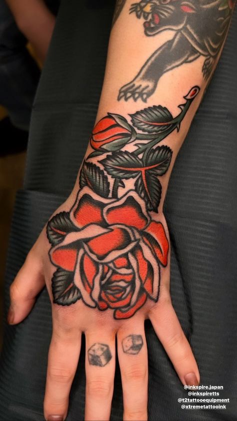 How To Draw Traditional Rose Tattoo, Rose Hand Tattoo Traditional, Traditional Rose With Stem Tattoo, Traditional Skull And Flower Tattoo, Roses Tattoo Traditional, Traditional Tattoo Of Hand, Traditional Flower Hand Tattoo, Rose Leaf Tattoo, Knee Rose Tattoo