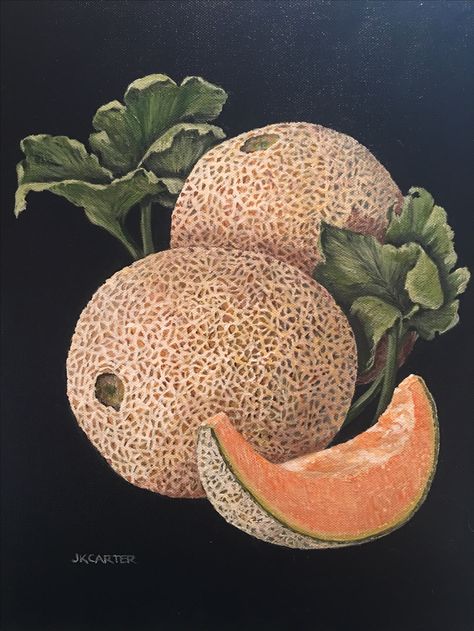 Cantaloupe. Fruit art. Original acrylic painting by JKCARTER. Cantaloupe Painting, Cantaloupe Fruit, Canteloupe, Vegetable Illustration, Skin Drawing, Honeydew Melon, Fruit Painting, Paintings I Love, Painting Still Life