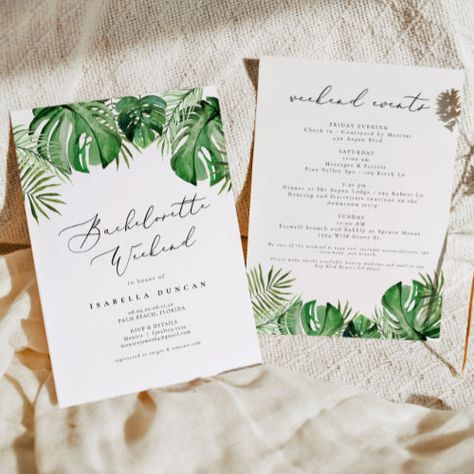 CORA Tropical Watercolor Palm Leaf Bachelorette for $2.95 - Bachelorette Invitations Palm Beach Bachelorette, Bachelorette Schedule, Green Wedding Stationery, Bachelorette Card, Brunch And Bubbly Invitations, Dream Wedding Ceremony, Beach Invitations, Tropical Bachelorette, Bachelorette Weekend Invitations