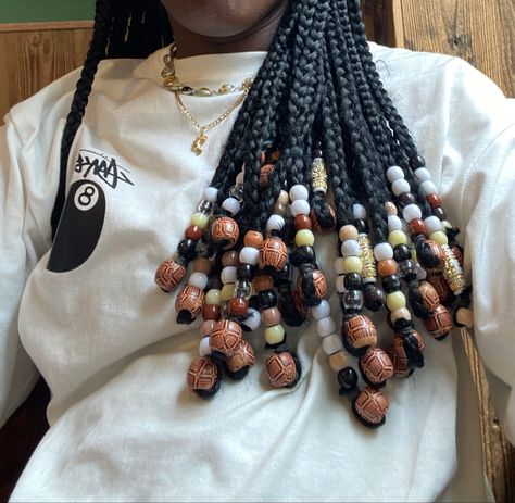 Stussy TEE and braids with beads Ombre Braids With Beads, Funali Braids With Beads, Knotless Braids With Wooden Beads, Braids With Wood Beads, Wooden Beads Hairstyles, Braids Wooden Beads, Braids With Brown Beads, Beads In Braids, Brown Braids With Beads