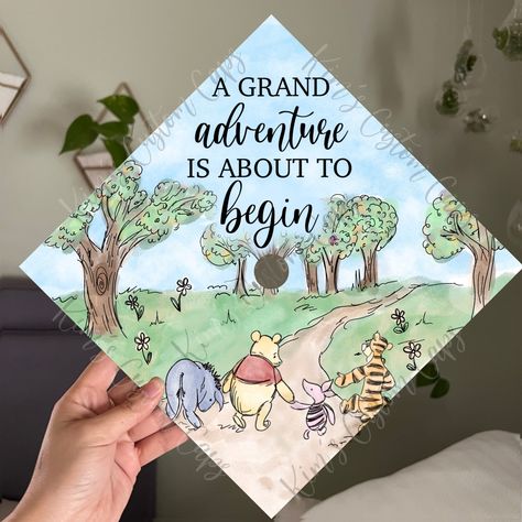 This graduation cap cover is 9.5 x 9.5 inches and will fit any standard adult-sized graduation cap. It is printed on high-quality cardstock paper. The center button hole is cut out in the center of the design to leave an opening for your tassel to wrap around your cap button.  Each design comes with an instruction card on how to easily attach it to your cap. This is a premade design, meaning it is already printed with the quote as pictured and ready-to ship. Absolutely no changes can be made to Snoopy Graduation Cap Designs, Graduation Cap Designs Winnie The Pooh, Pooh Graduation Cap, Winnie The Pooh Graduation Cap, Winnie The Pooh Graduation, Pooh Graduation, Graduation Highschool, Senior Year Diy, Disney Graduation Cap