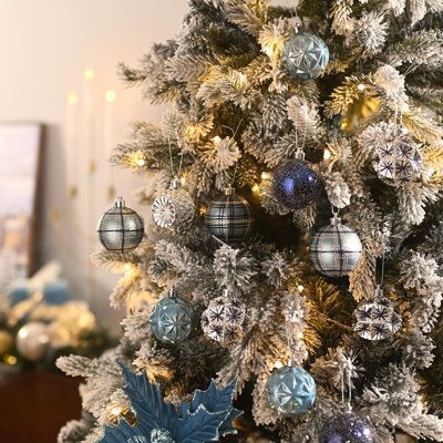 2.36-Inch Luxury Hanging Ball Ornaments for Autumn Harvest Thanksgiving. Foundry Select Colour: Navy/Blue/Silver | Foundry Select 16ct Shatterproof Decorations. Plastic | C112069475_733088889 | Wayfair Canada Blue And Silver Ornaments Christmas Tree, Snowflake Christmas Tree Topper, Blue And Burlap Christmas Tree, Blue And White Christmas Decorations, Navy And White Christmas Tree, Blue Decorated Christmas Trees, Blue Silver White Christmas, Blue And Silver Christmas Tree Ideas, Navy And Gold Christmas Tree