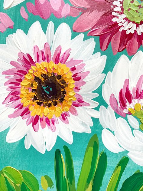 Funky Flower Painting, Paint Acrylic Flowers, International Friends, Painting Flowers Tutorial, Easy Flower Painting, 16x20 Frame, Bright Art, Gerbera Daisy, Beginner Painting