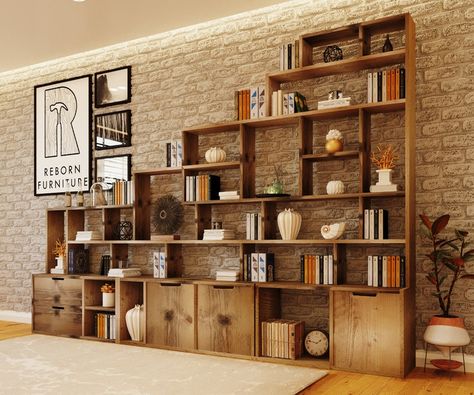 Sturdy Bookshelves, Rustic Shelving, Reclaimed Wood Bookcase, Wood Shelving Units, Wood Entertainment Center, Study Room Design, Support Wall, Brick And Wood, Bookshelf Design