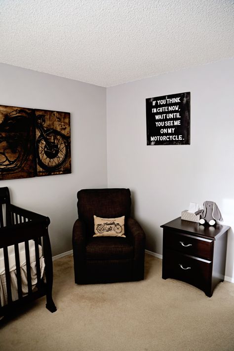 Motorcycle Themed Nursery Harley Davidson Nursery, Biker Nursery Theme, Harley Nursery Ideas, Motorbike Theme Bedroom, Motorbike Bedroom, Motorcycle Nursery Theme, Motorcycle Room, Motocross Nursery, Dirtbike Nursery Ideas