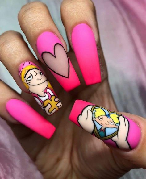 Hey Arnold inspired nails Cartoon Nail Designs, Hey Arnold, Pedicure Designs, Disney Nails, Nail Swag, Pink Nail, Hot Nails, Fire Nails, Pretty Acrylic Nails