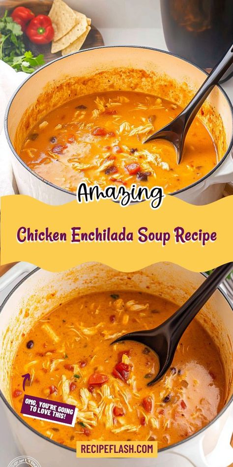 Treat yourself to a bowl of Chicken Enchilada Soup Recipe! This deliciously spiced soup features tender chicken, hearty vegetables, and rich flavors that warm the soul. Ideal for any weeknight dinner, serve with a sprinkle of cilantro and tortilla strips for the ultimate soup experience! Baja Enchilada Soup, Enchilada Sauce Soup, Chilis Chicken Enchilada Soup Recipe, Chicken Enchiladas Soup, Outback Chicken, Red Chicken Enchiladas, Chili's Chicken Enchilada Soup, Chicken Enchilada Soup Crock Pot, Creamy Enchilada