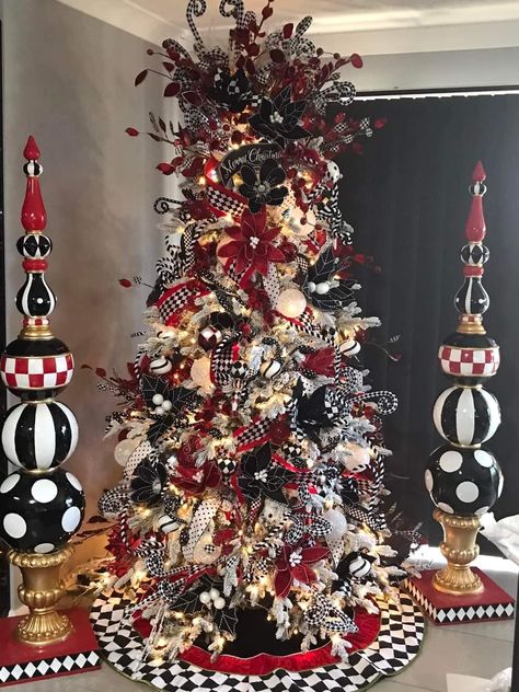 Black White Gold Red Christmas Tree, Red And Black Xmas Tree, Mackenzie Childs Christmas Tree Ideas, Red Gold And Black Christmas Tree, Black And White Nutcracker Christmas, Red Gold Black Christmas Tree, Mackenzie Childs Inspired Christmas Tree, Black And Red Christmas Decorations, Red Black And Silver Christmas Tree