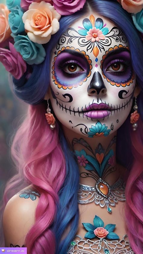 Mexican Sugar Skull Art Beautiful, Sugar Skull Art Painting, Sugar Skull Face Paint, Halloween Makeup Sugar Skull, Skull Face Paint, Den Mrtvých, Sugar Skull Artwork, Dead Makeup, Sugar Skull Makeup