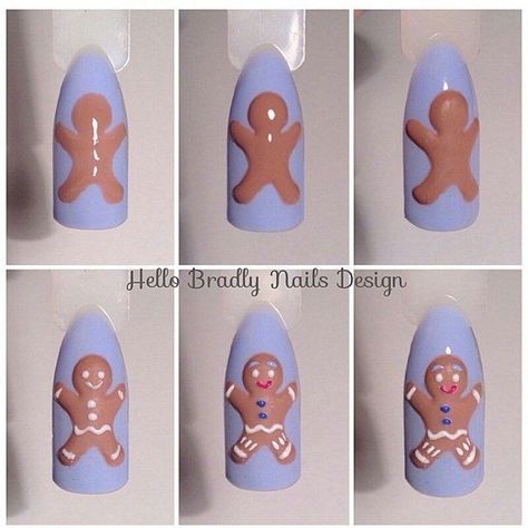 How to paint a gingerbread man on nails step by step. Nail Art Noel, Xmas Nail Art, Unghie Nail Art, Nail Drawing, Cute Christmas Nails, Christmas Gel Nails, Nail Art Designs Summer, Christmas Nail Art Designs, Christmas Nails Acrylic