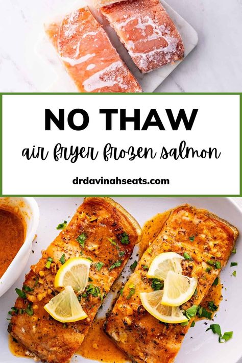 Air Fryer Frozen Salmon | Dr. Davinah's Eats Cajun Garlic Butter Sauce, Air Fryer Frozen Salmon, Frozen Salmon Recipe, Salmon Keto, Cook Frozen Salmon, Salmon In Air Fryer, Recipes Salmon, Frozen Salmon, Garlic Salmon