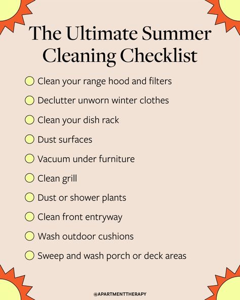 The Ultimate Summer Cleaning Checklist | Apartment Therapy Cleaning Checklist Apartment, Summer Cleaning Checklist, Wash Shower Curtain, Yard Cleaning, Summer Checklist, Declutter Closet, Summer Cleaning, Clean Bathtub, Mattress Cleaning