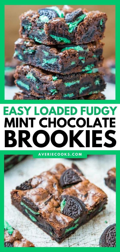 Fudgy Mint Chocolate Brookies, st. patrick's day treats, easy desserts to impress Mint Oreo Cookies, Blondies Recipes, Mint Chocolate Brownies, Mint Brownies Recipe, Easy Impressive Dessert, Chocolate Brownies Recipe, Mint Desserts, Averie Cooks, Mint Oreo