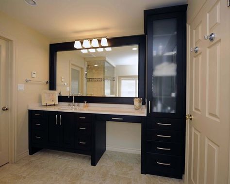 “sink, makeup vanity same height” “love the drawers and counter space” “vanity on bedroom wall with tall cabinet on the end Bathroom Vanity With Makeup Area, Vanity With Makeup Area, Bathroom With Makeup Vanity, Popular Makeup, Makeup Area, Table Vanity, Double Sinks, Bad Inspiration, Vanity Design