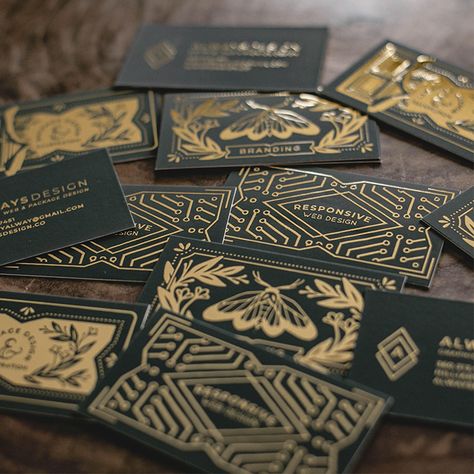 17 gold foil business card designs you need to see - MOO Blog Moody Business Card, Fantasy Business Card, Tarot Business Cards, Buissness Cards, Gold Foil Business Card, Gold Foil Business Cards, Buisness Cards, Foil Business Cards, Gfx Design