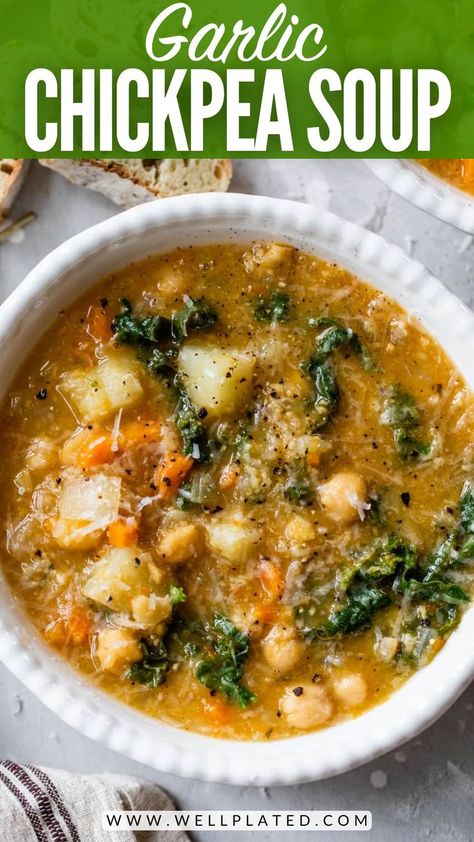 For a soup that eats like a meal, you can't beat this simple chickpea soup recipe! Kale, potatoes, garlic and herbs make it cozy and hearty. Garlic Chickpea Soup, Soup Kielbasa, Quick And Easy Soup Recipes, Garlic Chickpeas, Kielbasa Soup, Recipe Kale, Goulash Soup, Well Plated, Chicken Kale