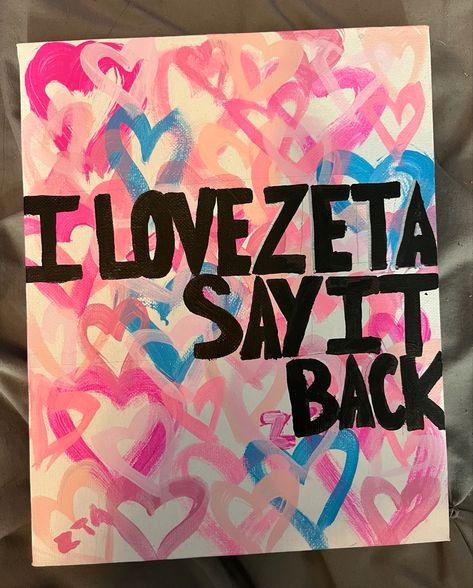 zta canvas with hearts, big little reveal idea, room decor Zeta Canvas Ideas, Zeta Canvas Painting, Zeta Tau Alpha Painting, Alpha Phi Canvas Painting, Alpha Chi Canvas, Alpha Gamma Delta Canvas, Big Little Room Decorations Sorority, Big Little Bed Decorating Sorority, Zta Paintings