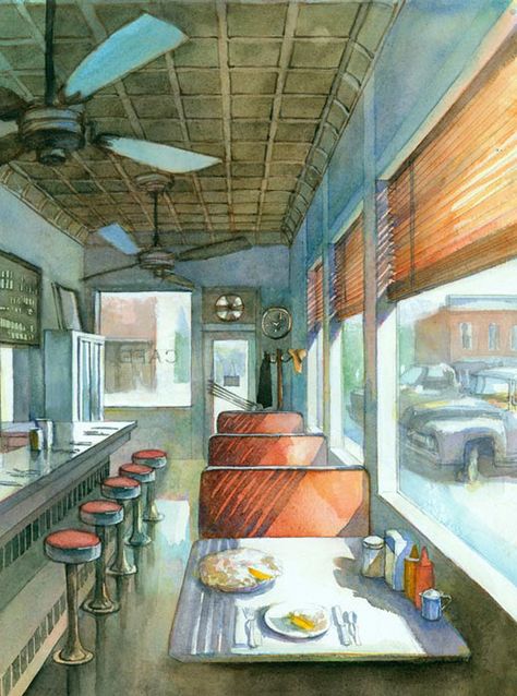 #RobertSteele #illustration of #diner #roadsidediner #diner #restaurant #truckstop #painting #watercolor #lindgrensmith Painting Of Restaurant, Cafe Inside Drawing, Restaurant Illustration Interior, Painting Of A Restaurant, Diner Concept Art, Restaurant Illustration Drawing, Watercolor Restaurant, Diner Drawing, Diner Illustration