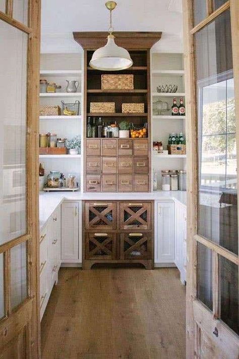 20 Walk-In Pantry Ideas For Stylish Kitchen Storage Walk In Pantry Ideas, Glass Upper Cabinets, Beige Flooring, Farmhouse Pantry, Butlers Pantry, Farmhouse Inspiration, Cabinets And Countertops, Butler's Pantry, Butler Pantry