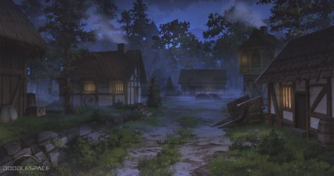 ArtStation - Zenoh Game, Small Village (day/night), DOODLE SPACE Gacha Village Background, Small Town Art, Village Concept Art, Anime Village, Medieval Landscape, Night Village, Doodle Space, Village At Night, Gacha Backgrounds Outside