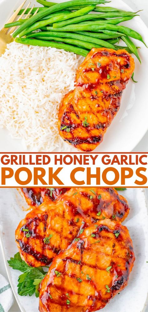 Grilled Honey Garlic Pork Chops - Averie Cooks Honey Garlic Marinade, Easy Dinner Recipes Pork, Pork Chop Marinade Recipes, Honey Pork Chops, Honey Garlic Pork, Garlic Pork Chops, Pork Chop Marinade, Garlic Pork, Honey Garlic Pork Chops