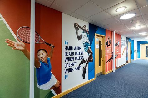 Exterior Corridor, School Exterior, School Sports Theme, School Branding, Office Wall Graphics, Installation Ideas, Sports Office, Office Mural, Office Wall Design