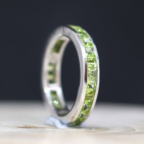 Silver Peridot Art Deco Band Ring, Peridot Birthstone Ring, Wedding Band ring,Mother's Day Gift, Eternity Ring Band, Silver Band Ring by GemForJewelry on Etsy Peridot Birthstone Ring, Art Deco Band, Peridot Engagement Rings, Peridot Birthstone, Mothers Ring, Raw Gemstone Ring, Peridot Jewelry, Channel Setting, Square Stone