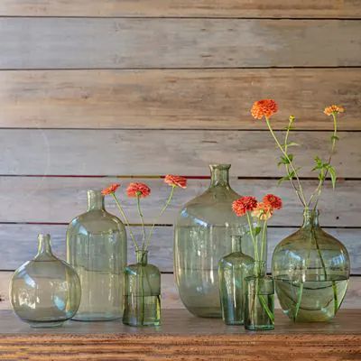 Demi John Bottles Decor, Old Glass Bottles Ideas, Green Glass Decor, Barn Wall Art, Vintage Bathroom Decor, Green Glass Bottles, Natural Decor, Bottle Display, Glass Bottles Decoration