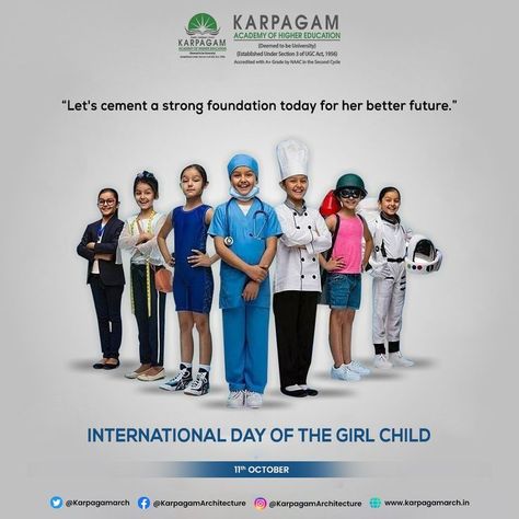 Giving a foundation as strong as a fort to the girls will reinforce her throughout her life. Karpagam Architecture gives the opportunity to explore the world by engaging them in various on-site activities. On this International Day of the Girl Child, we strive to strengthen her inner values which gives her confidence and drives her to achieve her goals. International Girl Child Day Creatives, Girl Child Day Creative Ads, International Day Of The Girl Child, Children's Day Creative Ads, International Girl Child Day, Girl Child Day, Kids Social Media, International Children's Day, Halloween Social