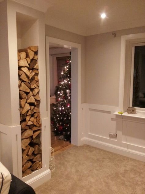 Log store Log Burner Storage Living Rooms, Indoor Log Storage, Fire Ideas, Log Burner Living Room, Cottage Vibes, Wall Fires, Log Siding, Log Store, Fireplace Logs