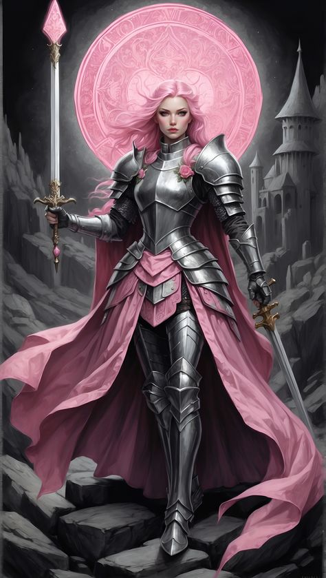 Paladin Armor Female, Woman In Armor Art, Female Armor Design, Female Armor Dress, Female Warrior Character Design, Amazon Armor, Lady Armor, Armor Dnd, Pink Armor