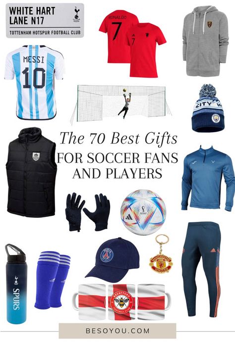 If you love someone who loves soccer, you'll love our list of the best gifts for soccer fans and players! See 70 gift ideas for soccer fans from a former pro soccer player. Learn about the best jerseys, training and workout gear, memorabilia and even Ted Lasso gear your soccer enthusiast is sure to love. Visit the post for all 70 gift ideas. Christmas Gifts For Soccer Players, Soccer Christmas Gifts, Gift Ideas For Soccer Players, Football Related Gifts, Football Gift Ideas For Players, Gifts For Soccer Boyfriend, Football Player Gifts Ideas, Soccer Boyfriend Gifts, Soccer Gifts For Boys