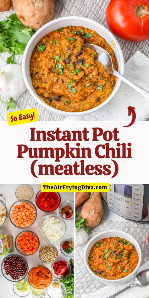 Meatless Instant Pot Pumpkin Chili Recipe Instapot Pumpkin Soup Recipe, Instant Pot Pumpkin Chili, Pumpkin Chili Instant Pot, Vegan Chili Instant Pot, Pumpkin Soup Instant Pot, Vegan Pressure Cooker, Puree Vegetables, Instant Pot Vegan Recipes, Instant Pot Pumpkin