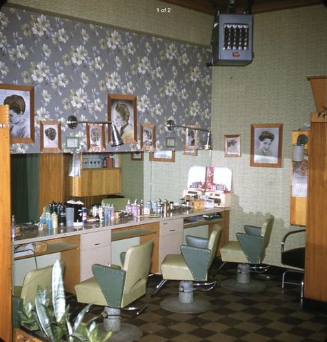 90s Hair Salon Aesthetic, 1980s Hair Salon, Mid Century Hair Salon, Vintage Beauty Salon Aesthetic, Vintage Hair Salon Aesthetic, Vintage Hair Salon Decor, 80s Hair Salon, Hairstylist Station Ideas, 70s Salon