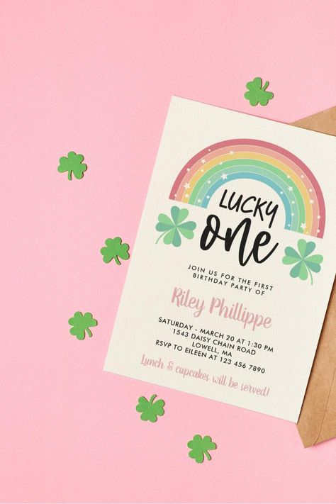 Pink Clover & Rainbow Lucky One First Birthday Invitation Lucky One First Birthday, Lucky One Birthday, St Patrick's Day Birthday, Pink Clover, Rainbow Birthday Invitations, Pretty Rainbow, Birthday Party Design, Bday Girl, Baby Birthday Party